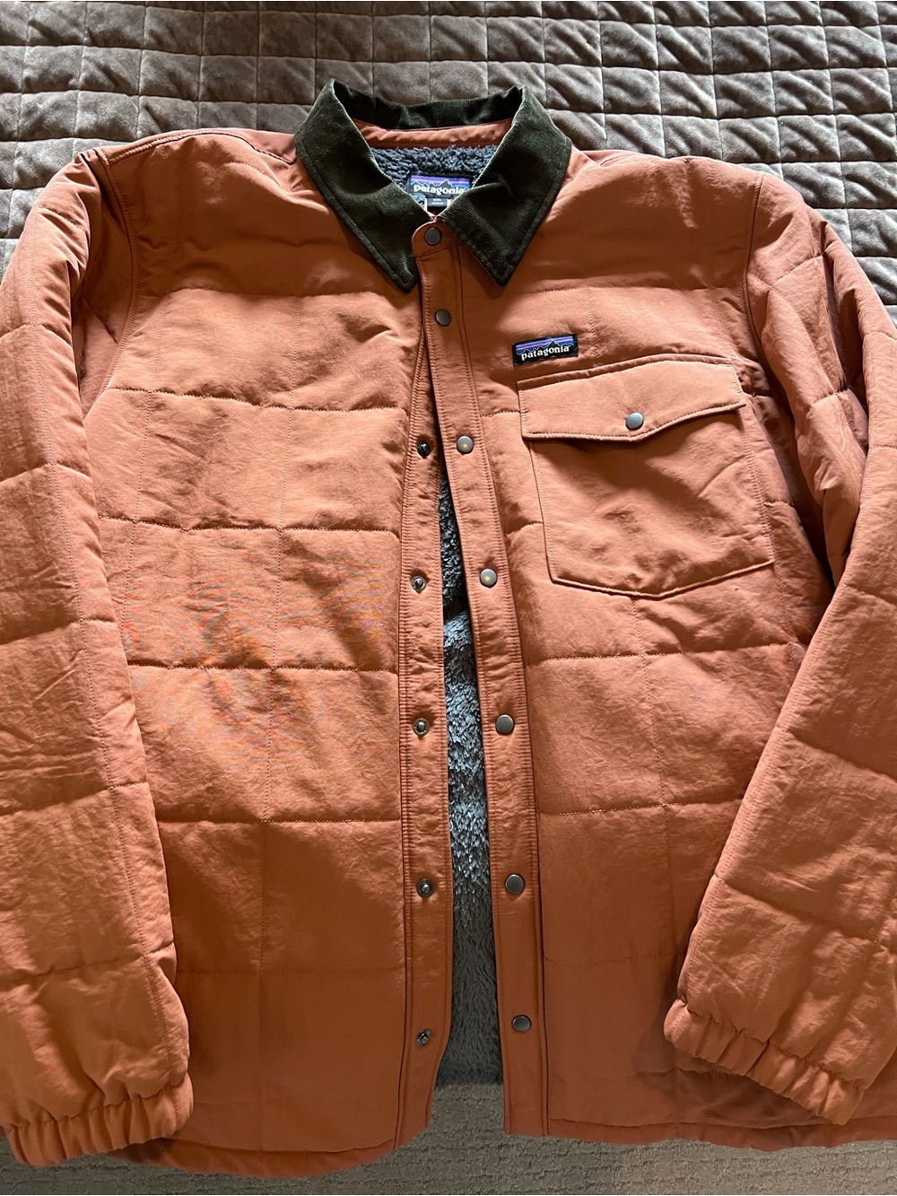 Patagonia Men's Rust Orange Quilted Jacket with Dark Olive Corduroy Collar